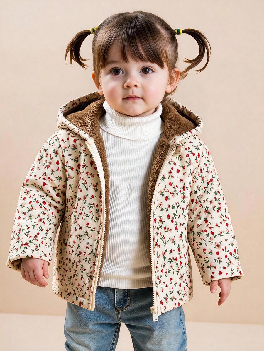 SHEIN Playful Pals 女嬰復古碎花抓絨連帽外套，秋季休閒日常穿著