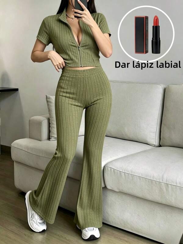 Labial Gratis Conjunto Dos Piezas de Punto Acanalado para Mujer, Top Corto Cuello Alto Manga Corta con Media Cremallera, Pantalón Flare Cintura Alta Elástico Ajustado, Outfit Diario Casual