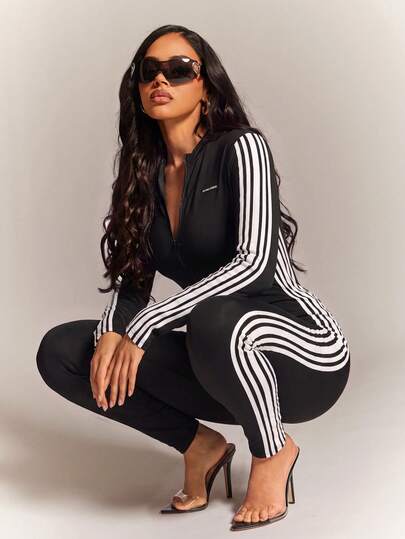 Radiana Women's Sexy Basic Long Sleeve Front Zipper Striped Patchwork Fitted Jumpsuit, Casual Wear, Casual Pants, Jumpsuit Sportswear, Yoga Wear