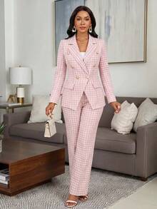 Fleurora Women's Plaid Lapel Neck Long Sleeve Double-Breasted Jacket And Pants Elegant Casual Suit Set Office Business Dinner Pink Check Work Outfits For Women - Baby Pink - View 6