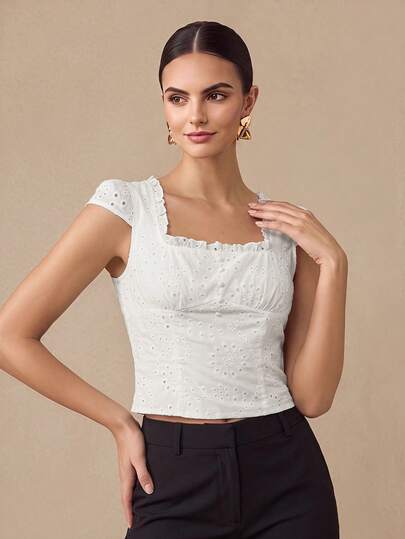 Almamuse Women's Elegant Embroidery Square Neck Cap Sleeve Fashionable Top