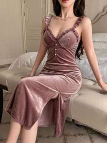 DAZY 女款蕾絲拼接修身無袖露背睡裙家居服 - 淺灰紫 - 查看 8
