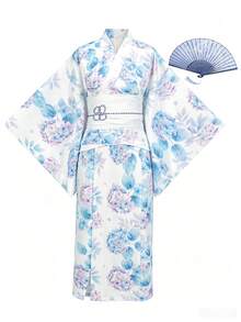Irokai 日式傳統和服藍紫色繡球花花卉圖案女款改良兩件式浴衣套裝 - 彩色 - 查看 5