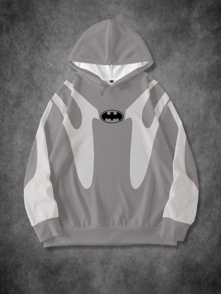 BATMAN X SHEIN 男士休闲撞色蝙蝠印花连帽衫,秋季款 - 白色 - 查看 1