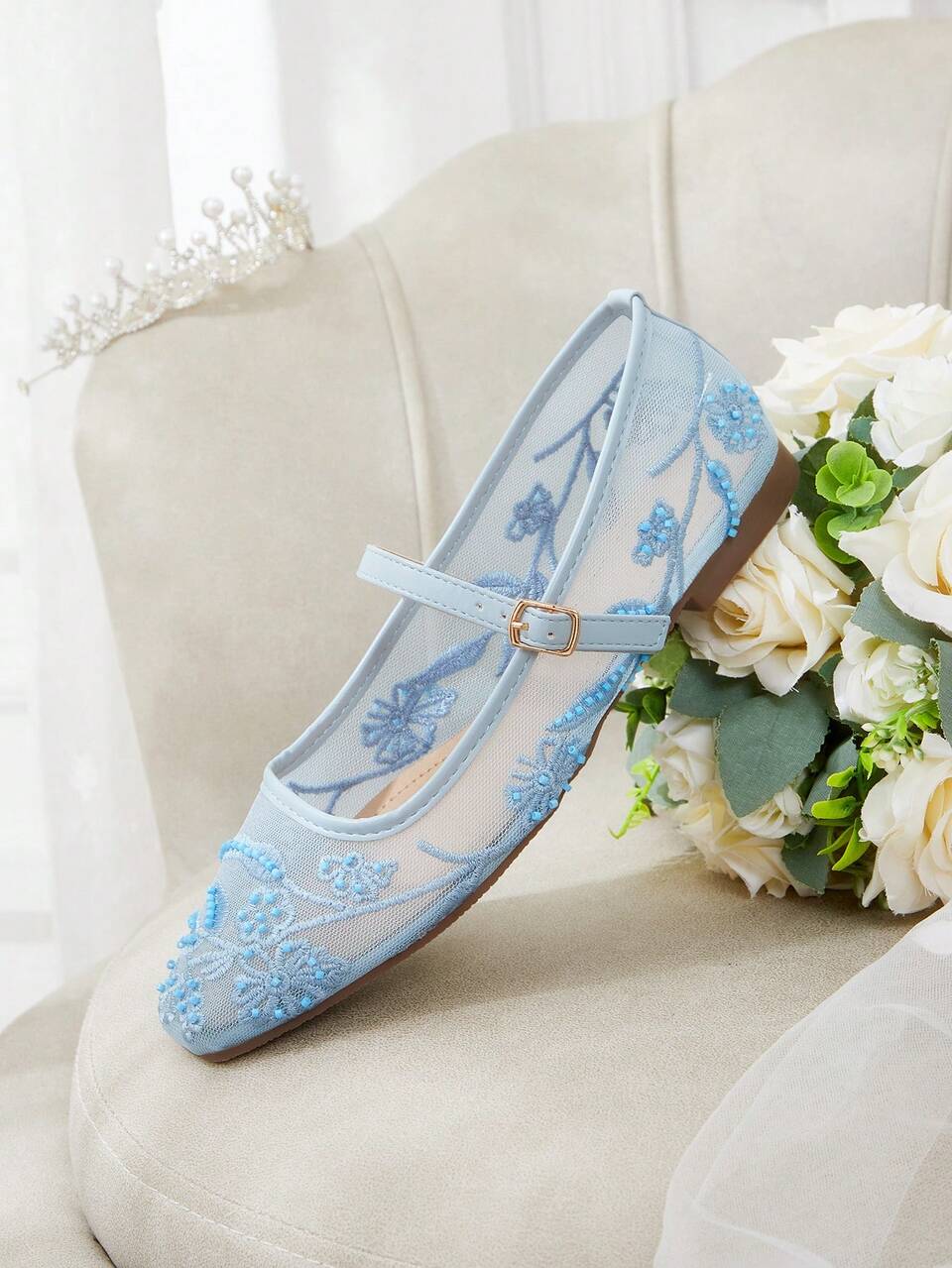 CUCCOO HITCHD Women's Mesh Embroidery Flower Pattern Beaded Design Square Toe Mary Jane Flat-Soled Shoes Buckle French Low Vamp Soft-Soled