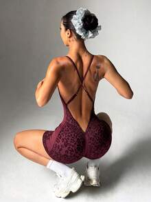 Slayform Slayform Seamless Knit Thin Cross Adjustable Strap Backless Leopard Print Women's Sports Romper Suitable For Yoga, Fitness, Weightlifting, Workout - Burgundy - View 2