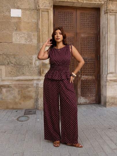 Elaquor Plus Size Women Polka Dot Pattern Waist Gathered Sleeveless Blouse And Pants Casual 2 Pieces Set Elegant Office Business Work Two Pieces Set For Women