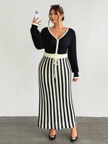 Firerie Plus Size Colorblock Striped Patchwork Knit Dress - Multicolor - View 7