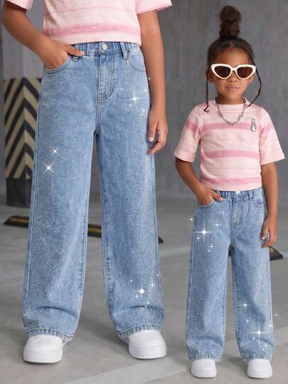 Toddler Girls Denim Long Pants Summer, Soft, Cotton, Casual, Fashion, Versatile, Comfortable, Minimalist, Elastic Waist, Classic Five-Pocket Style With Gradient Shiny Rhinestone Design On Sides, Loose Straight Leg Fit, Medium Blue Washed Denim Long Pants Suitable For Daily Outings, Vacations, Back To School Season