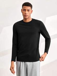 Driftmere Men's Simple Fashionable Ribbed Texture Pullover Long Sleeve Tee, For Fall - Black - View 5