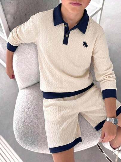 SHEIN 青少年男孩休閒寬鬆拼色 Polo 領衛衣，紋理布料，適合通勤、上學、日常休閒、外出、運動，四季皆宜