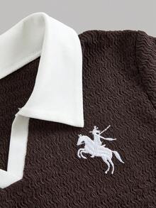 Girlism 青少年女孩 Polo 領波浪提花 T 恤與內搭褲 2 件套裝 棕色 夏季休閒學院風 校園健身返校時尚百搭套裝 - 咖啡棕 - 查看 5