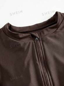 Swim Shayni 女款短袖前拉鍊連體布基尼，附網格綁帶短褲，黑色保守海灘度假泳衣，春/夏 - 鏽棕色 - 查看 6