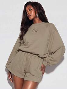 Avantive Women's Fashion Embroidered Long Sleeve Sweatshirt And Drawstring Waist Pocket Shorts 2 Pieces Set Airport Khaki Autumn Casual - Mocha Brown - View 7