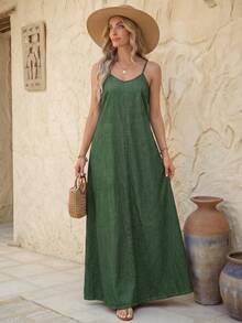 EMERY ROSE Colorful Spaghetti Strap Loose Long Denim Dress, Casual Everyday Wear - Green - View 2