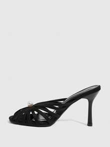CUCCOO SZL Women's Summer 9.8CM Round Toe Open Toe Hollow Cross Strap Sexy Versatile Elegant Pearl Stiletto High Heel Sandals, Suitable For Daily Commute/Beach/Party - Black - View 4