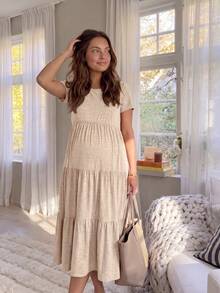 SHEIN 孕婦夏季休閒純色短袖洋裝 - 卡其色 - 查看 8