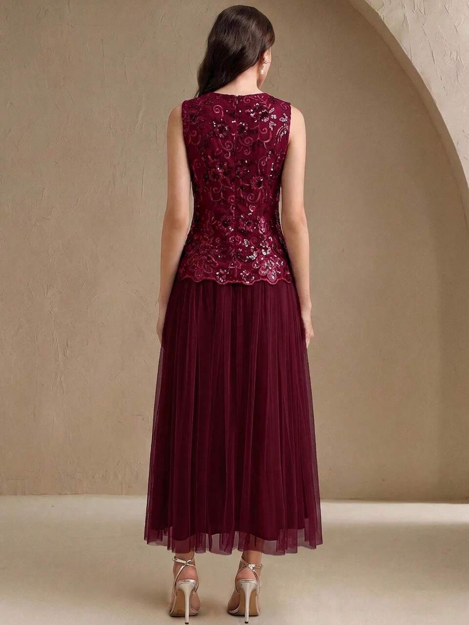 Anewsta Women's Elegant Pink Sleeveless Mesh Dress With Beaded Floral Embroidery And Patchwork Hem