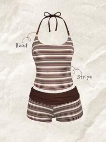 Sunnyshic Women's Spring/Summer Jacquard Fabric Spaghetti Strap Beaded Decor Pleated High Waist Bikini Tank Top - Multicolor - View 6