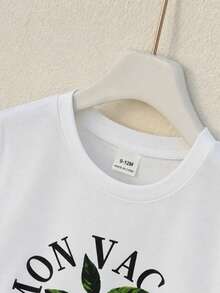 SHEIN Playful Pals 嬰兒 T-shirt 套裝，檸檬英文圖案柔軟白色針織圓領短袖套頭上衣，搭配彈性腰黃白條紋印花梭織短褲 2 件套，男童套裝，男童短袖短褲套裝，男童服飾，檸檬，英文，適合 6M-3T - 彩色 - 查看 5