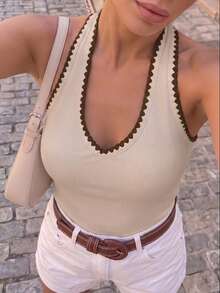 Cévolie 女款拼色修身百搭日常穿著掛脖上衣 - 卡其色 - 查看 6