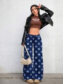 SHEIN ICON 女款時尚波點印花鈕扣口袋寬鬆牛仔褲 - 藍色 - 查看 6