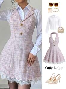 SHEIN Franclia Women's Elegant Commute Lace Patchwork Tweed Dress,Back-To-School Outfit,Graduation Homecoming - Pink - View 3