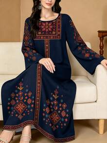 SHEIN Najma 女士花卉植物印花优雅圆领长袖春季阿拉伯风格连衣裙 - 彩色 - 查看 4