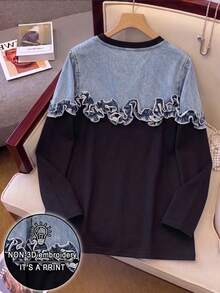 Resyla Women's Denim Effect Ruffle Hem Round Neck Long Sleeve Casual T-Shirt - Multicolor - View 2