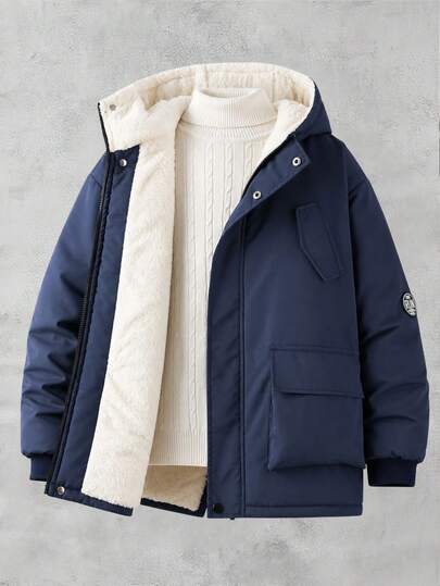 1pc Teen Boy Black Hooded Padded Thermal Lined Cargo Pocket Jacket, Winter Outdoor Cold-Proof Travel Coat