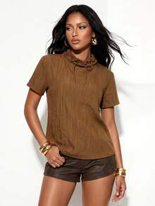 Normani Women's Solid Color Tie Neck Short Sleeve Casual Loose Fit T-Shirt - Brown - View 4
