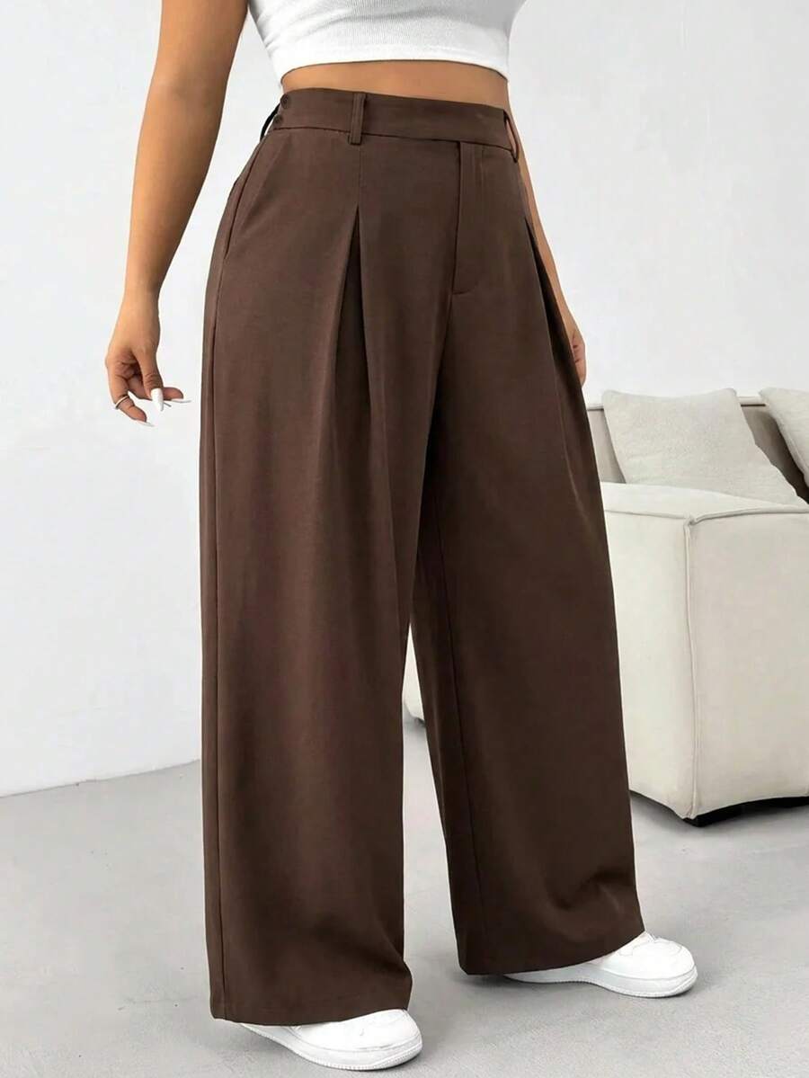 Comfortcana Plus Size Women's Casual Brown Suit Pants, Suitable For Outings And Commuting - Brown - View 1