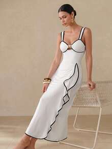 Swim Oasis Black And White Contrast Spaghetti Strap Dress, Star-Decorated Cup, Side Slit Ruffle Design, High Waist Slimming, Tropical Vacation Summer - Black and White - View 3