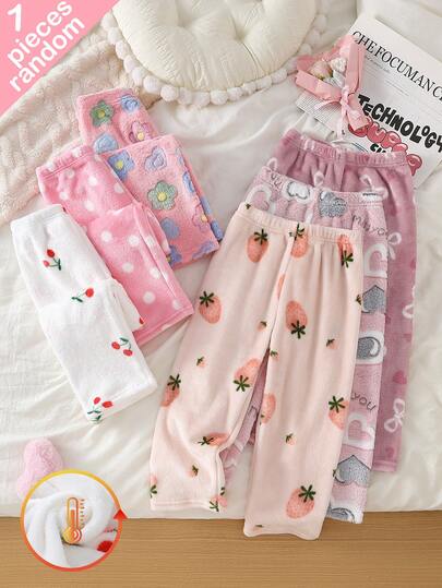 1pc Randomly Sent Girls' Sweet Cute Casual Daily Elegant Fashion Minimalist Fun Soft Skin-Friendly Thick Plush Bow Polka Dot Cherry Heart Flower Multi-Color Print Pajama Bottoms