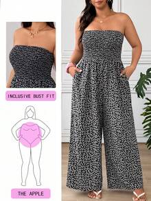 SHEIN EZwear 大尺碼女款碎花抓皺平口寬腿連身褲，度假風 - 彩色 - 查看 6