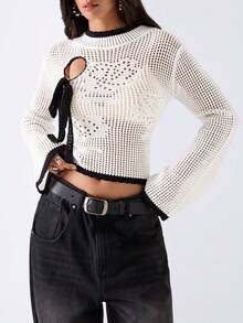 LYSMO Women's Colorblock Trim Hollow Knit Flare Sleeve Sweater Office Outfits For Women Concert Outfit For Women - Black and White - View 5