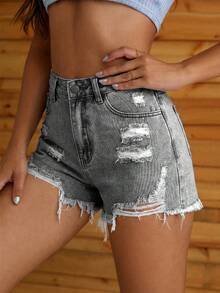 Jeanoix Celana Pendek Denim Wanita Serbaguna Kasual dengan Saku, Kancing, Detail Sobek dan Ujung Berumbai, Warna Abu-abu, Cocok untuk Berbagai Acara dan Musim Panas - Light Grey - View 3