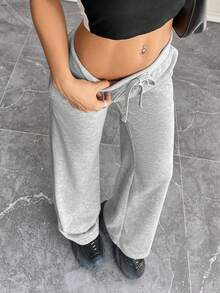 SHEIN PETITE Celana Sweatpants Wanita Rajut Polos Nyaman dan Kasual dengan Pinggang Rendah dan Kaki Lebar, untuk Wanita Bertubuh Mungil - Grey - View 8