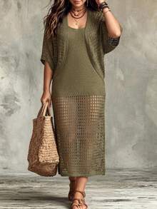 Linhara CURVE Plus Size Women's Solid Color Hollow Out Dress And Cardigan Casual Daily Set Fall - Olive Green - View 7