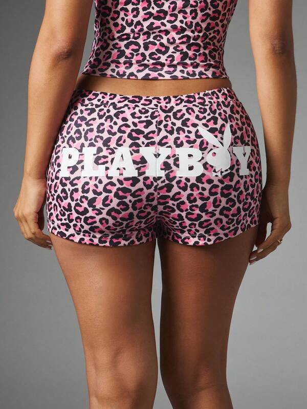Missguided x Playboy Bunny Logo Pink Leopard Print Mini Hot Pants With Bum Text Detail Summer Festival Micro Shorts