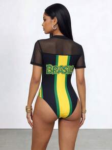 Glyssa Bodysuit Wanita Elegan Streetwear Musim Semi/Panas Bergaris dengan Jala Kontras, Leher Bulat, Lengan Pendek, Pas Badan, Gaya Musik Rave, Hitam dan Kuning - MultiWarna - View 3
