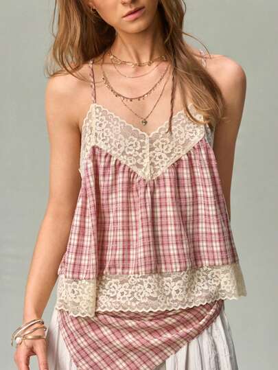 SHEIN Camiseta de tirantes de mujer de verano bohemio elegante con estampado de cuadros rosas