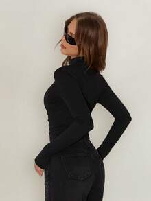 SHEIN ICON Women's Frog Button Design Long Sleeve Zipper Front Lightweight Jacket - Black and White - View 2