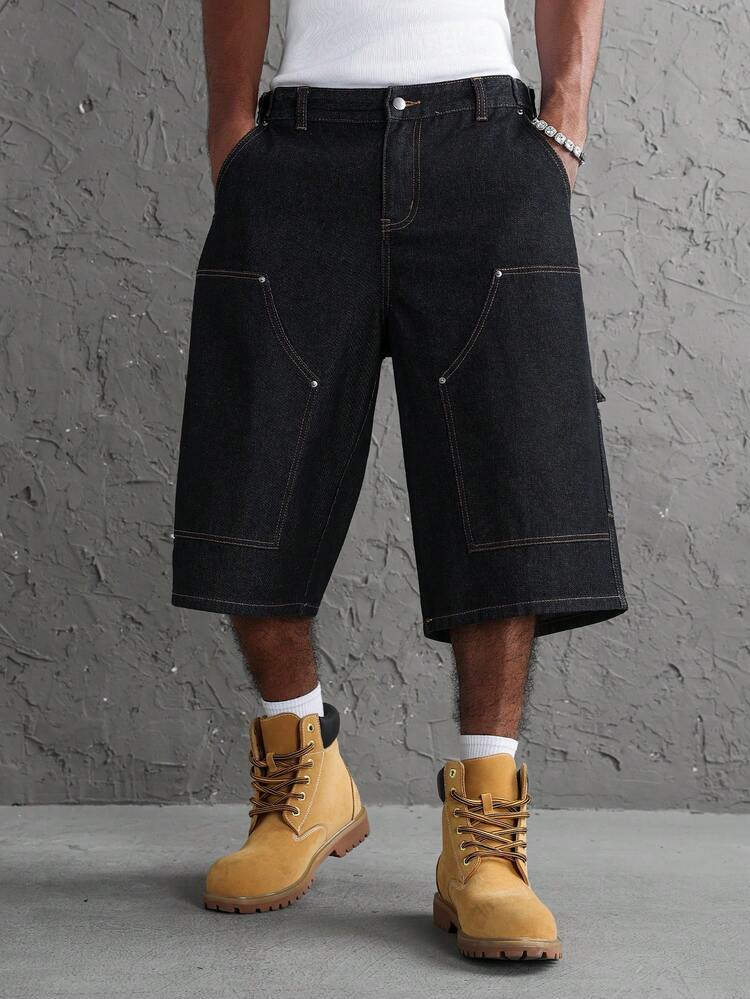 Manfinity EMRG Men's Loose Casual Denim Wide Leg Shorts With Pockets - Blue - View 5