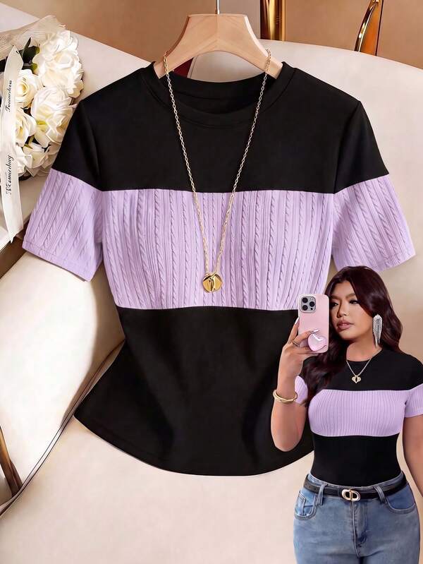Franclia Plus Size Women's Black Colorblock Fitted Top Summer Traditional Business Casual