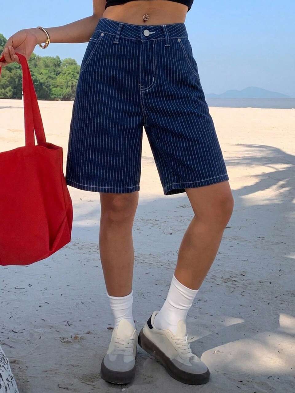 High Waist Straight Leg Loose Fit Dark Blue Vertical Striped Denim Fabric Bermuda Casual Versatile Women's Denim Shorts