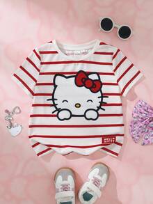 HELLO KITTY AND FRIENDS | SHEIN 女童條紋圓領短袖休閒T恤 - 白色 - 查看 1