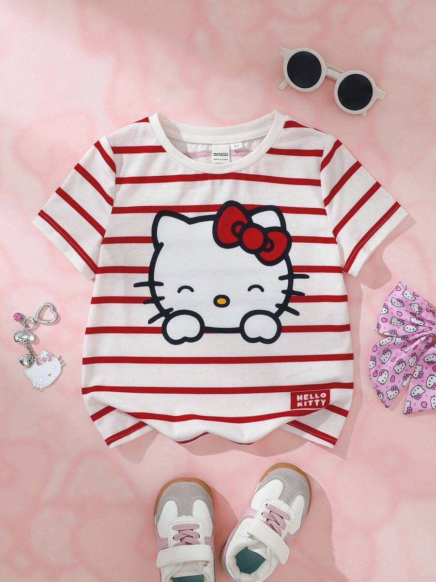 HELLO KITTY AND FRIENDS | SHEIN 女童條紋圓領短袖休閒T恤 - 白色 - 查看 1