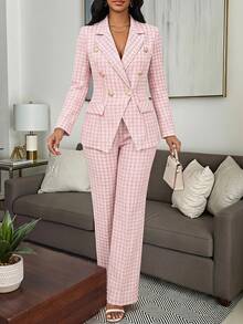 Fleurora Women's Plaid Lapel Neck Long Sleeve Double-Breasted Jacket And Pants Elegant Casual Suit Set Office Business Dinner Pink Check Work Outfits For Women - Baby Pink - View 4