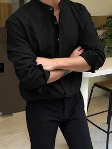 DAZY Men's Solid Color Long Sleeve Button-Up Shirt, Fall Business Attire - Black - View 4